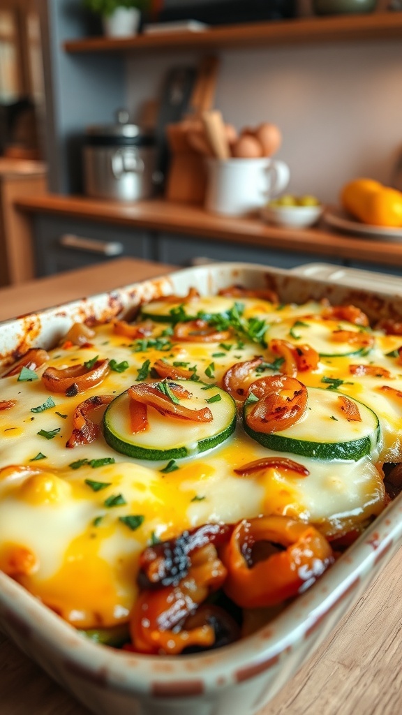 A cheesy zucchini bake with layers of zucchini and onions, topped with melted cheese, served in a rustic dish.